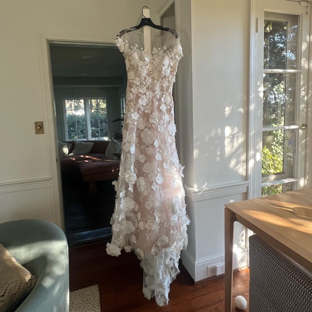 Mira Zwillinger wedding gown Floral Appliqué Illusion Off-Shoulder Gown